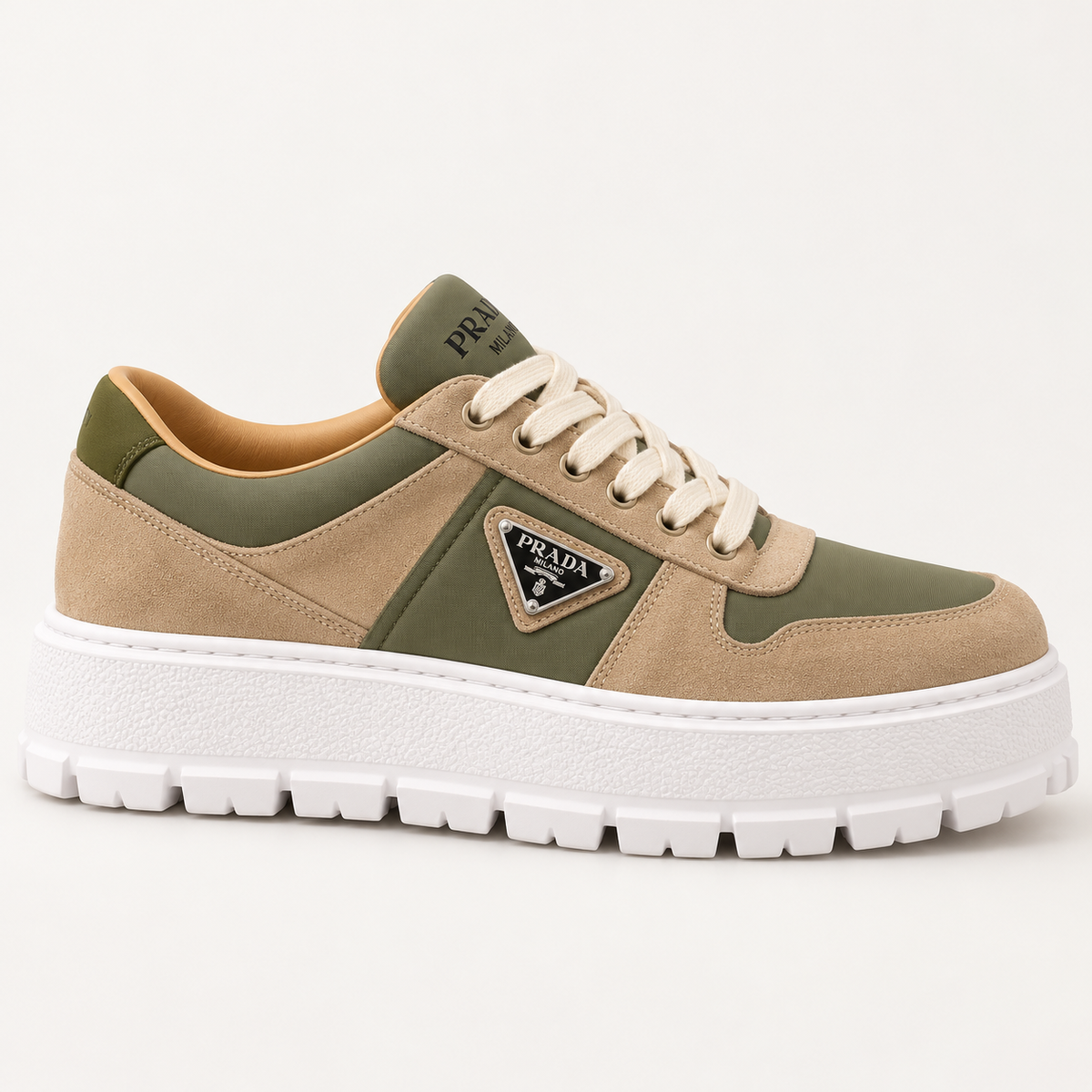 [color:Beige et kaki] Prada — Sneakers à semelle épaisse | Profil extérieur
