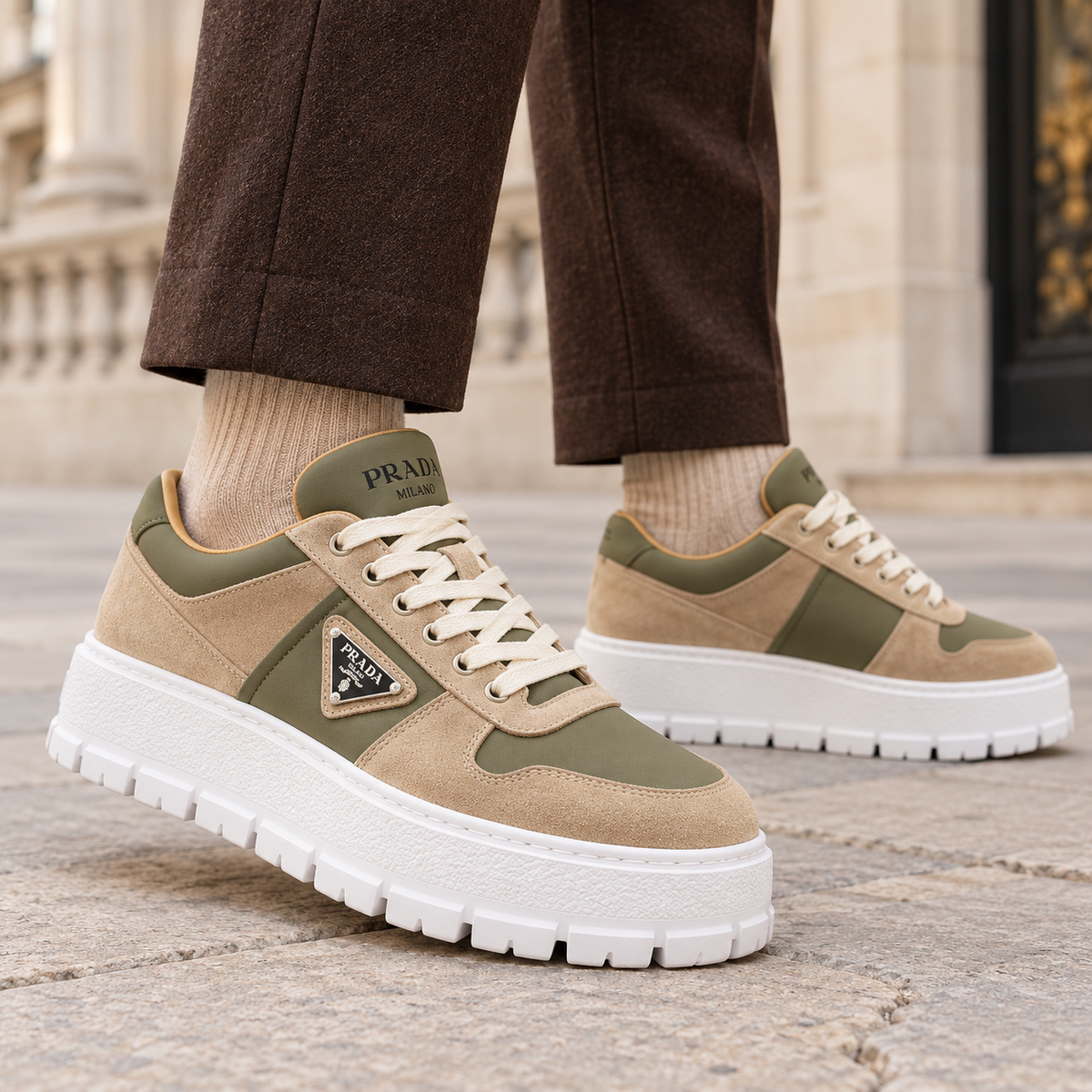 [color:Beige et kaki] Prada — Sneakers à semelle épaisse | Porté