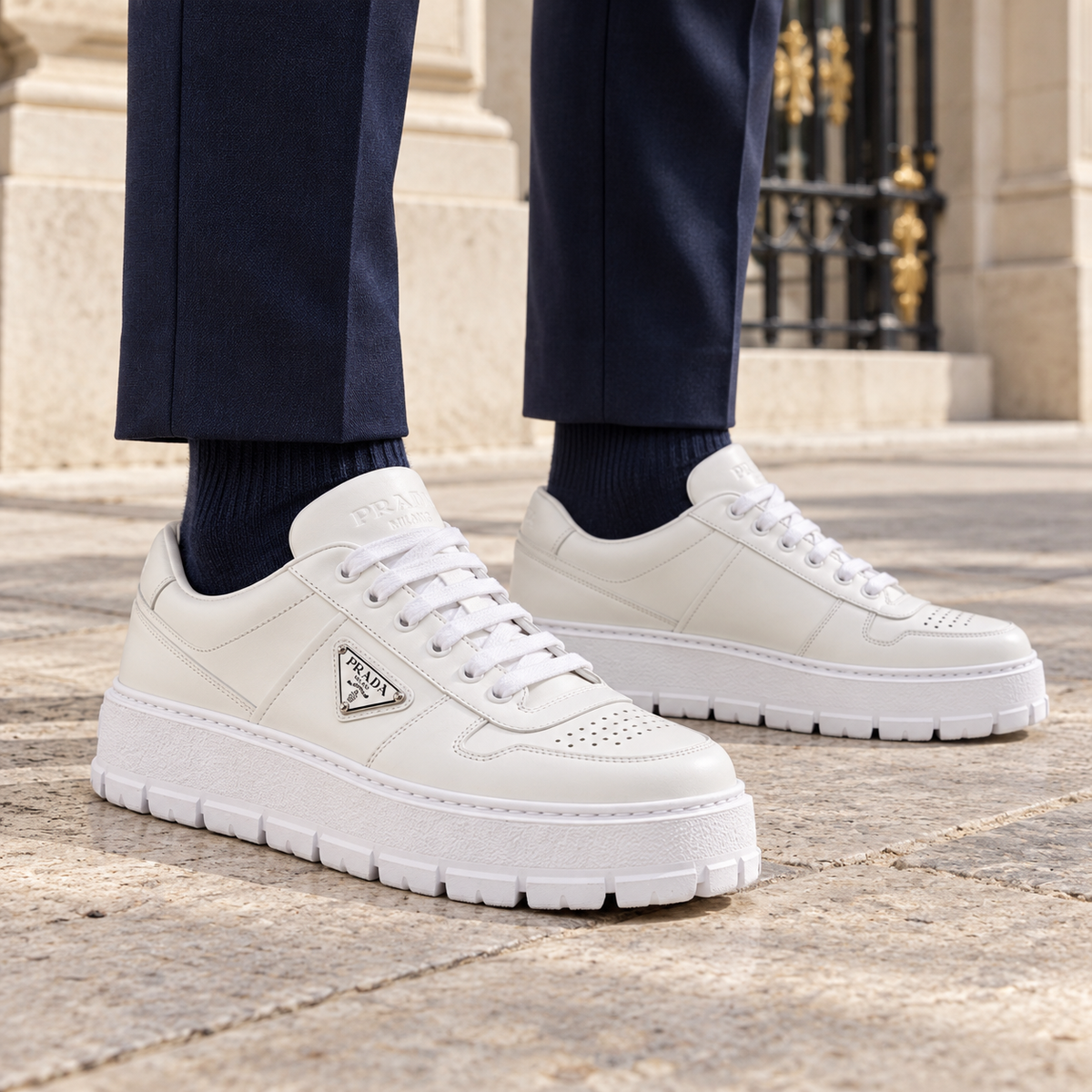 [color:Blanc intégral] Prada — Sneakers à semelle épaisse | Porté